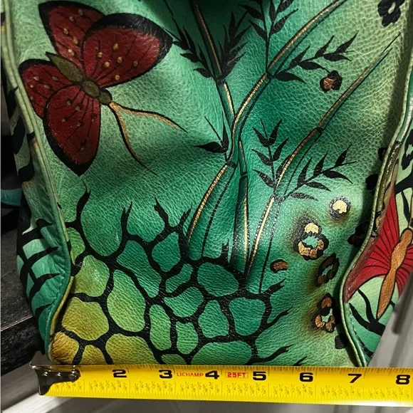 Anuschka Hand-Painted Butterfly Design Green Leather Tote - Picture 15 of 16
